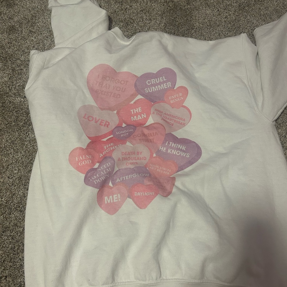 Gildan White Sweatshirt with Pink and Purple Heart Print
